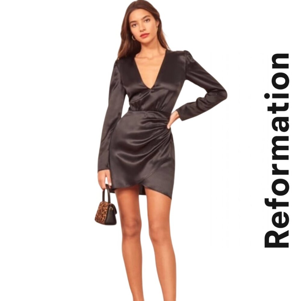 NWT REFORMATION | Toro Draped Silk-satin Mini Dress In Black, Size 0